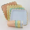 Paper Tableware Solid Mint Color with Foil Gold Scallop Edge Dinner Plates Cups Napkins Straws for Important Festivals