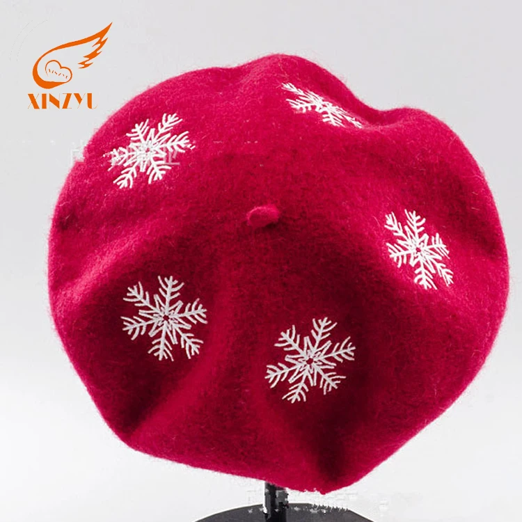Classic Ladies Red Beret Hat Fashionable Snowflake Embroidered Girls Winter Hat for Christmas