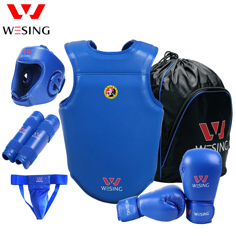 

WESING PU leather six pieces kung fu sanda wushu equipment gear for training, Black red blue