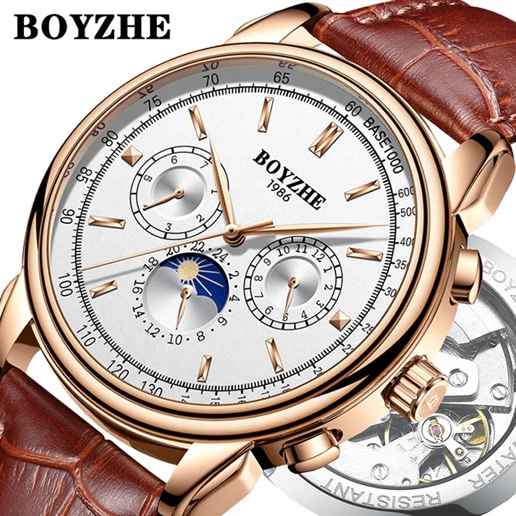 

BOYZHE brand men wristwatch fashion leather tourbillion skeleton moon phase automatic mechanical watch