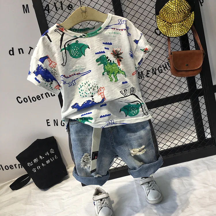 

In Stock Children Clothing Boys Dinosaur Outfits 2-7years Summer Tops+Jeans Baby Boys' Clothing Set