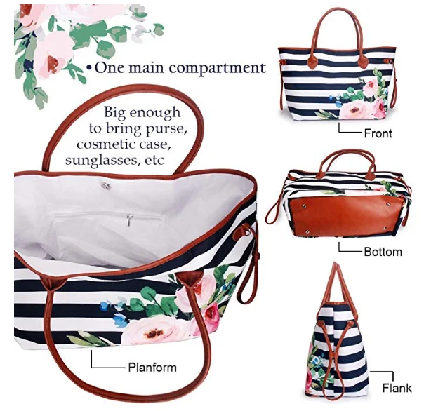 Wholesale Pu Striped Canvas Tote Bag Leather Handle Women Bag Handbag