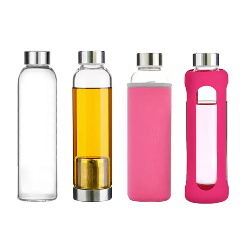 

drinking glass water bottle with sleeve and stainless steel lid for juice, tea, beverages, Customized color