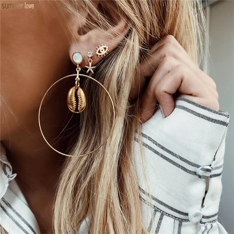 

Trendy Design Gold Plated Starfish Eye Shell Charm Circle Earrings Big Hoop Stud Earring Set for Women Party Jewelry Set Gifts, Many colors you can choose