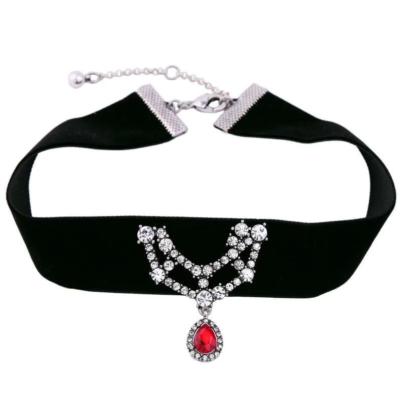

xl00423b Black Leather Cord Teardrop Ruby Crystal Choker Necklaces Jewelry