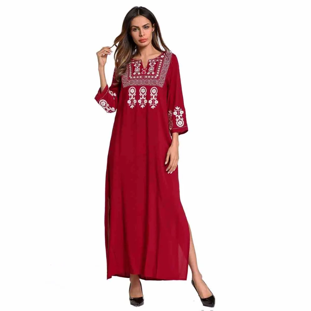 

square collar embroidery ethnic style dress Arab robe, Red