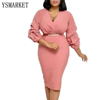 

2 Color Office OL Elegant Sheath Dresses V Neck Sexy Workwear Beading Puff Sleeve Ruched Wrap Bodycon Pencil Dress EAM272