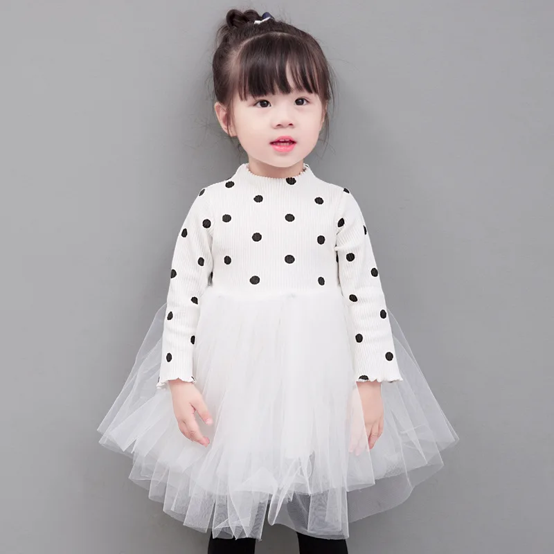 

0-4 years 2017 Summer New Wholesale Girl's dot long sleeve gauze skirt Baby cotton knit princess dress girl's pengpeng dress, As picture