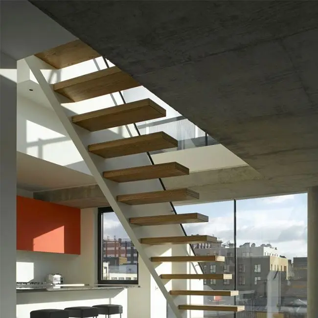 
Modern column interior design wooden floating stairs residential stairway 