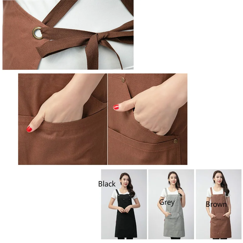 
Hot Sale Wholesale Waterproof Cotton Work Apron With Pockets Barista Kitchen Apron 