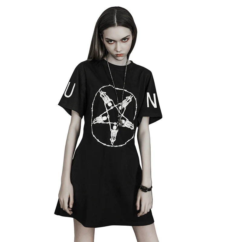 

Punk Skull Five Star Print Dress letter printing on sleeves t-shirt dresses women, Black
