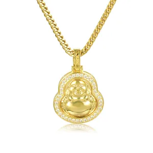 China Manufacturer Green Jadeite Jade Stone Carved Buddha Amulet Necklace Pendant Gold CZ Micro Paved with Chain