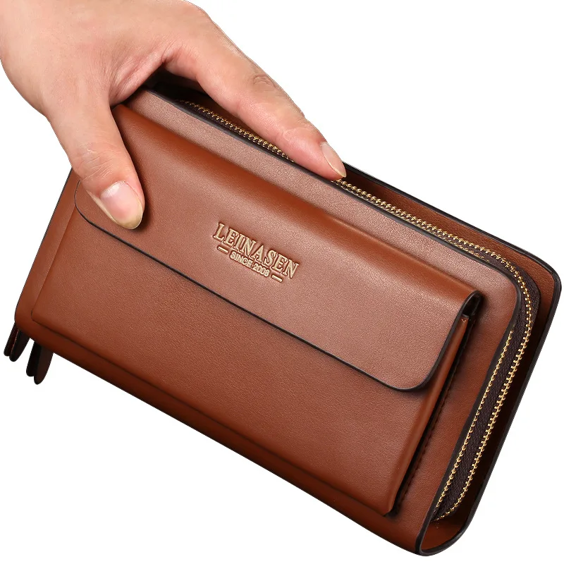 

LEINASEN Brand Men Wallet coin pocket zipper Double Zipper Male Wallet long Large Men Purse coin clutch bag black Business, 2 color for choice