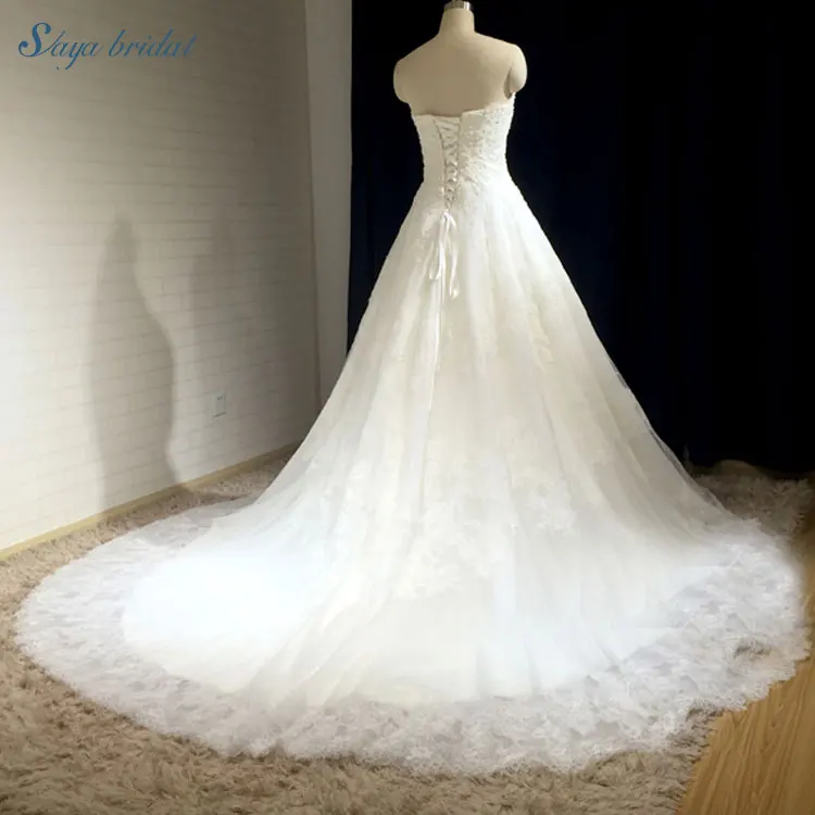 Strapless Long Tail Lace Beaded Wedding Dress With Bondage - Buy ...