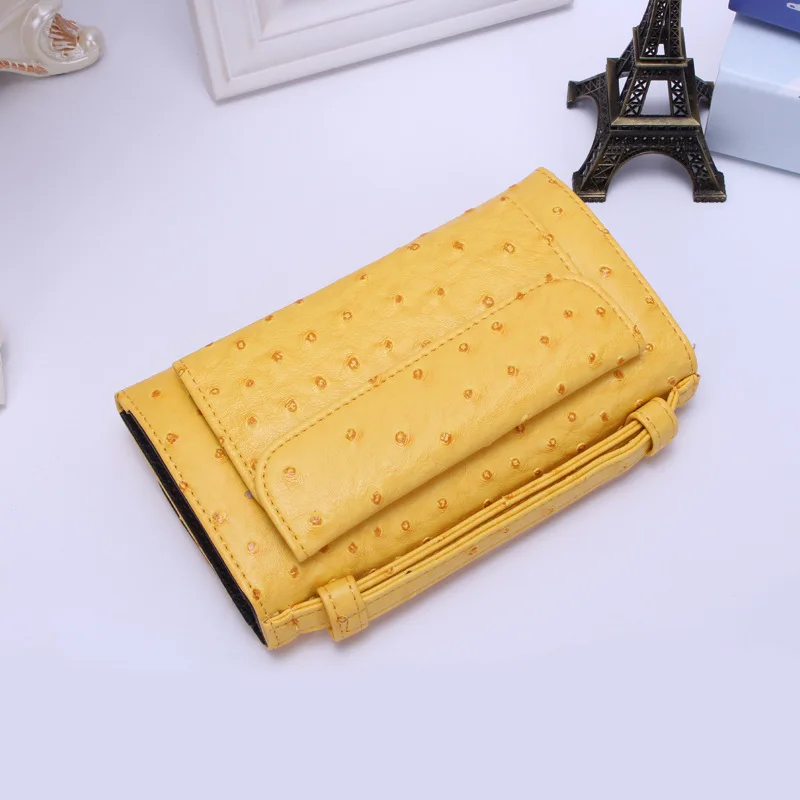 

Yellow Wallet Money Handy Bag Ostrich Leather ID Card Holder Inside Genuine Leather Phone Pockets Clutch Hand Bags Purse