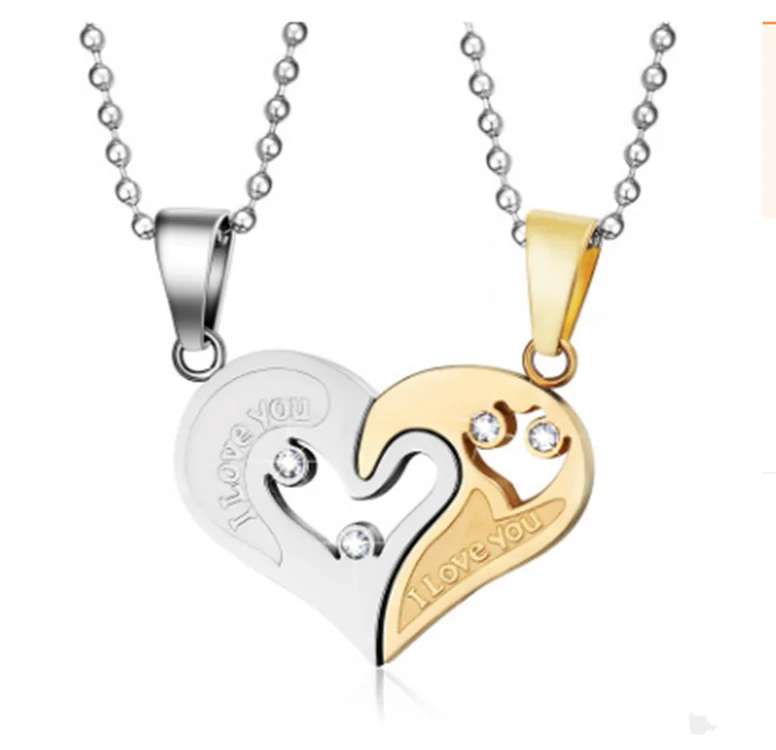 

2pcs/set Diamond heart-shaped puzzle titanium steel couple jewelry couple heart-shaped pendants necklace wholesale