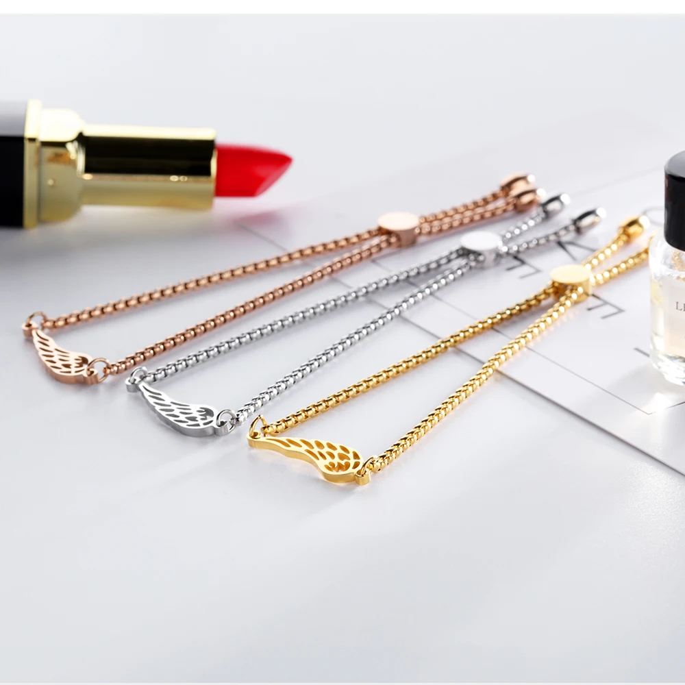 Newest Adjustable Women Stainless Steel Extendable Chain Charm Angel Wings Bracelet