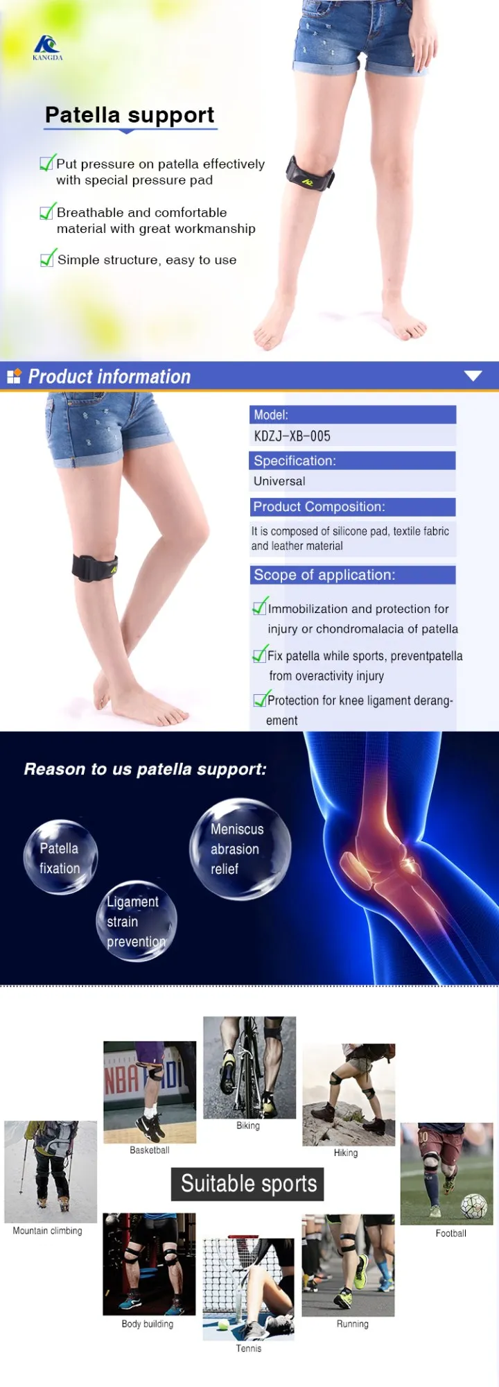 Supplier Breathable Compression Patella Knee Strap wrap support for basketball, mountain climbing
