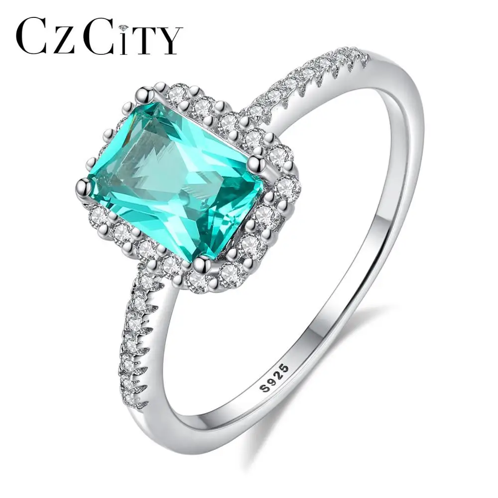 

CZCITY Classic Square Green Gemstone CZ 925 Sterling Silver Wedding Ring