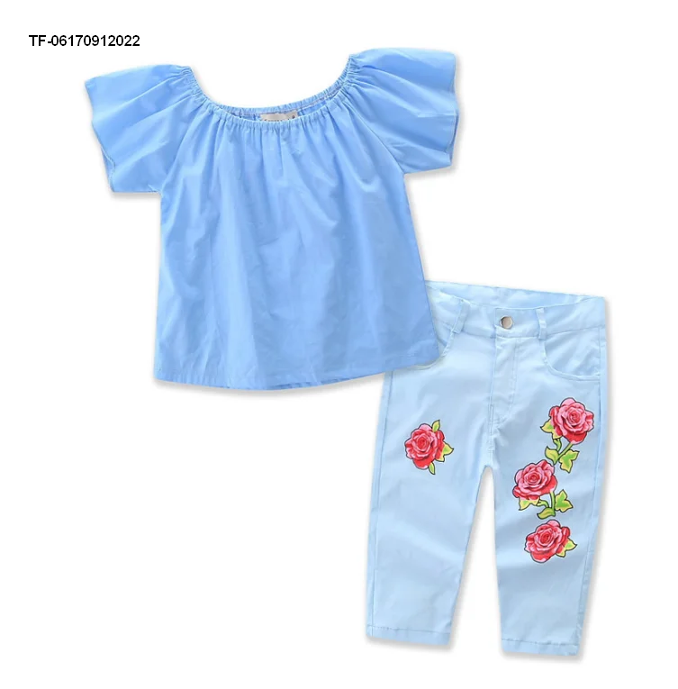 

2-7y Baby Girls Clothes sets for Summer cotton Fashion off shoulder t shirt+jeans pants for printing set