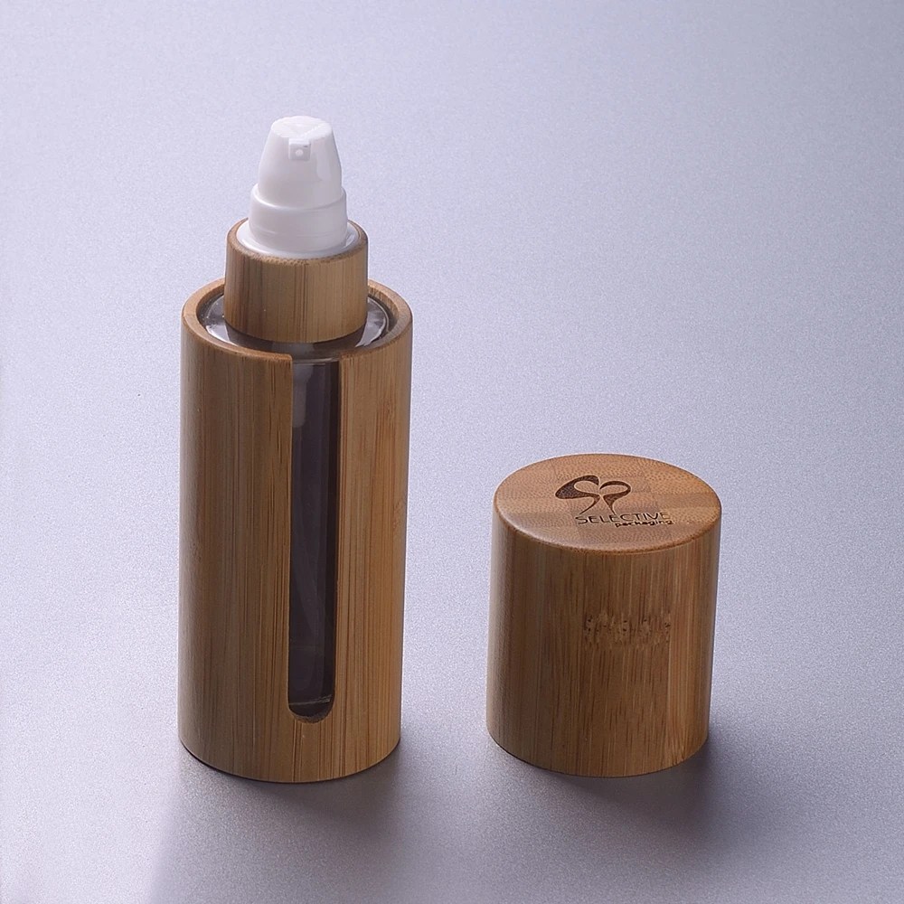 Natural Bamboo Bottle Cosmetic Packaging 30ml 50ml Empty Lotion Glass Bottle Bamboo Cover With