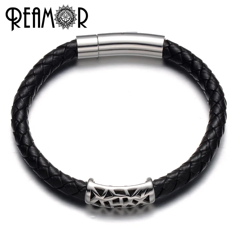 

REAMOR Men 316l Stainless Steel Bead Black Genuine Real Leather Bangle Bracelet