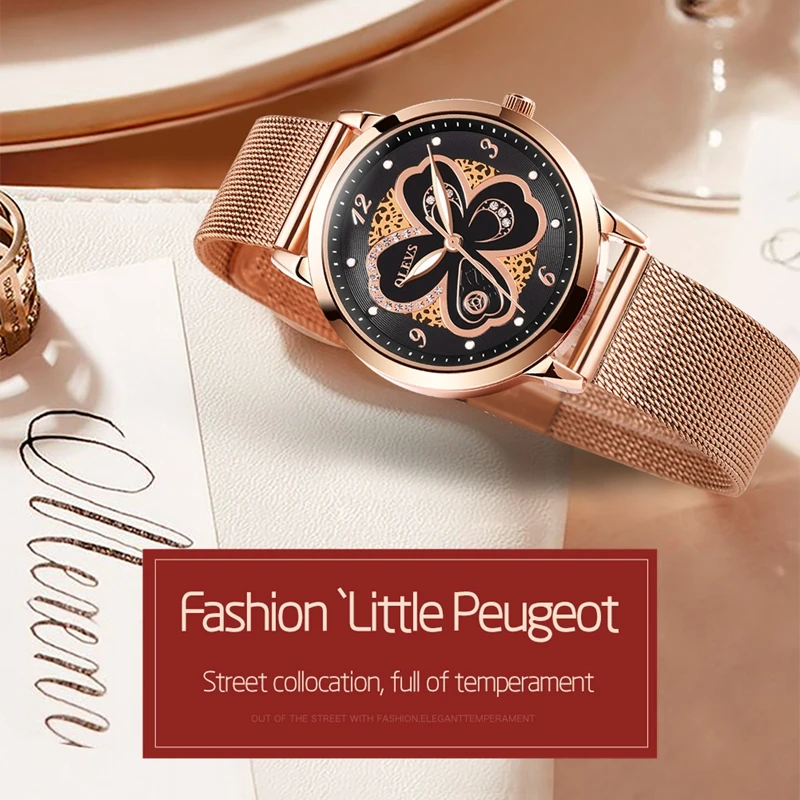 olevs 女性手表优雅品牌着名奢华石英玫瑰金手表女士皮革蝴蝶设计手表