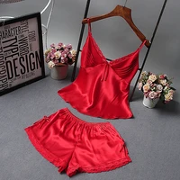 

Female Sexy Silk Satin Lace Pajama Set Spaghetti Strap Silk Sleeveless Sleepwear Summer Autumn Home Wear Sleep Wear