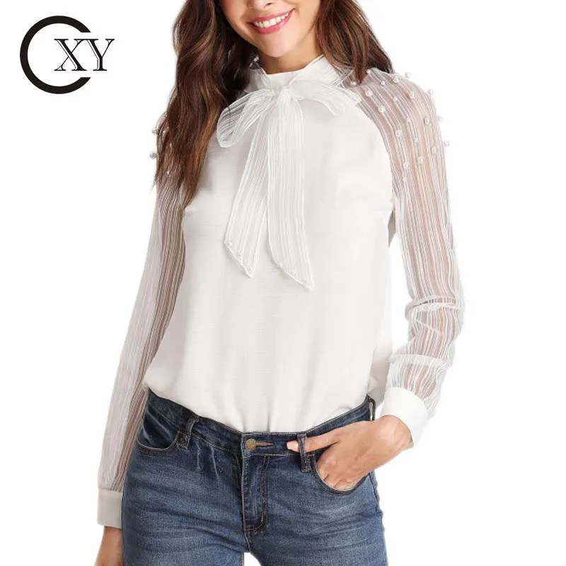 

Ladies Elegant Pearl Embellished Striped Mesh Sleeve White Blouse Tops
