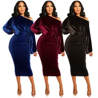 

Ecoparty Spring Long Puff Sleeve Bodycon Casual Dress Off Shoulder Velour Womens Clothes Elegant Office Lady Velvet Midi Dresses