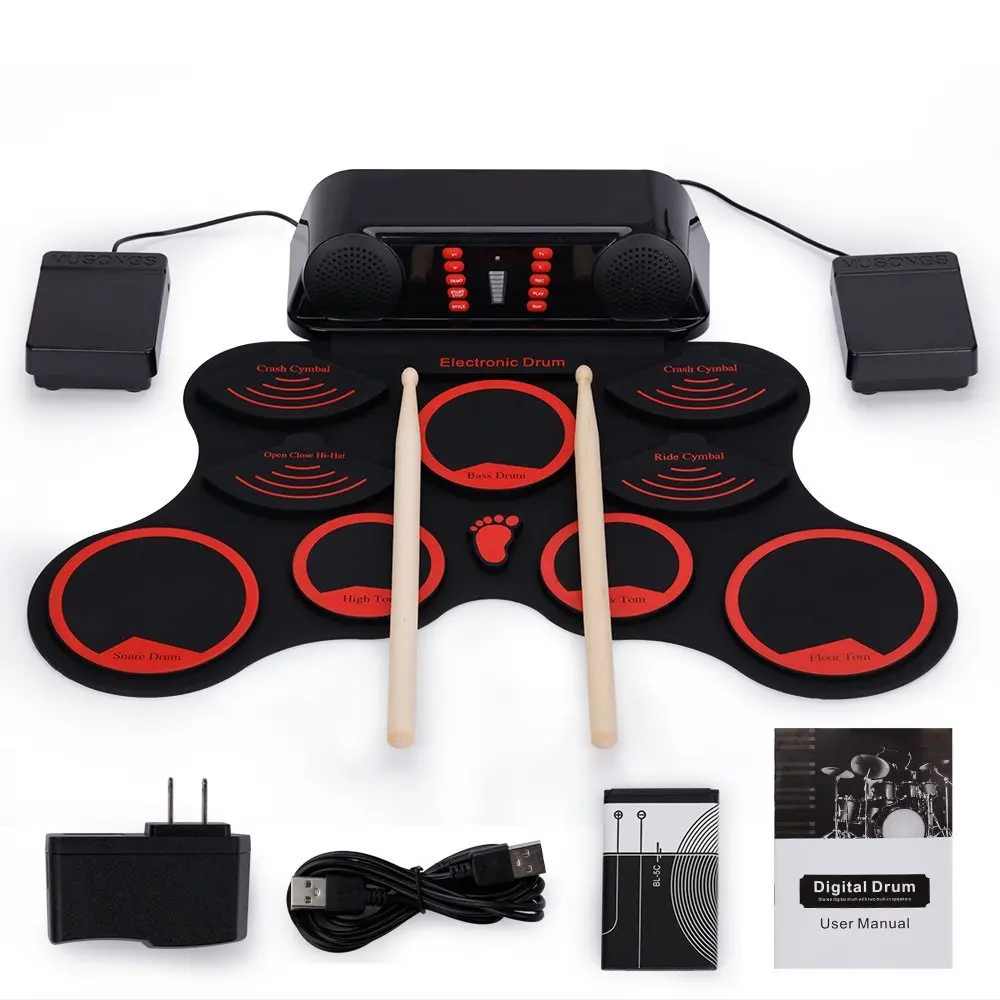 

electronic drum set professional 9 Pad Roll Up digital Drum Kit musical instrument, Black-red