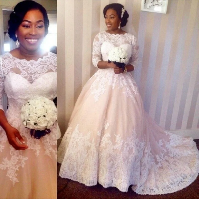 

NE180 Plus Size African Wedding Dress with 3/4 Sleeve White Ivory Champagne Ball Gown casamento vestido de novia Court Train, Default or custom