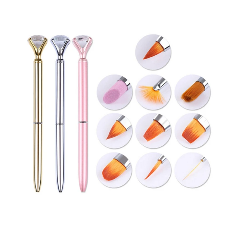 

Metal Crystal Replace 10 Heads Carving Cuticle Remover Flat Line Flower Drawing Painting Nail Art Pen Brush, Rose gold;gold;silver