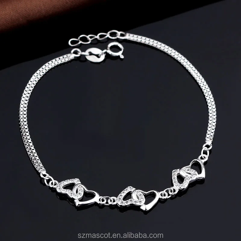 

Fashion White Cubic Zirconia Double Heart 925 Sterling Silver Chain Bracelet