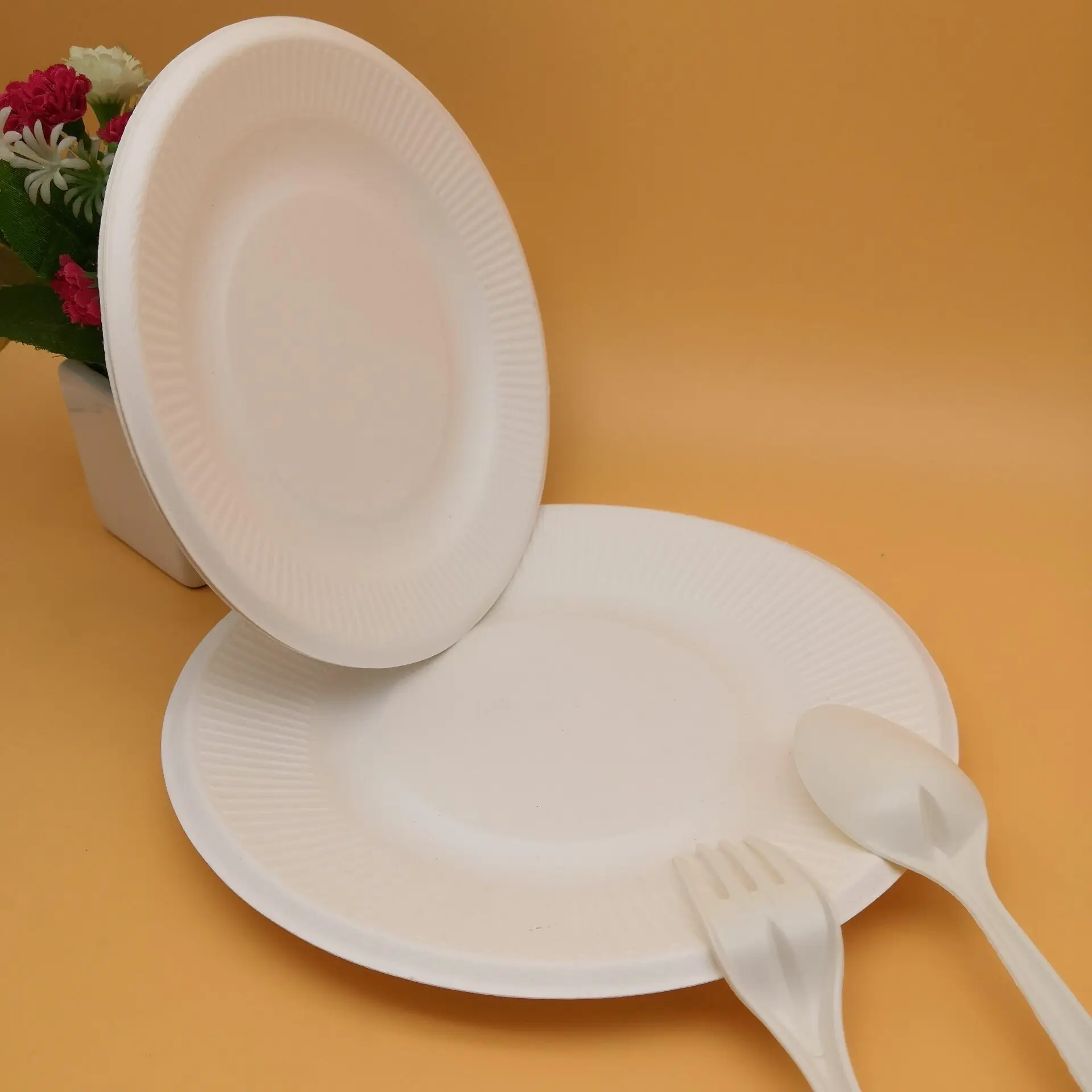 
Biodegradable disposable sugancane bagasse small round striped elegant Plate 