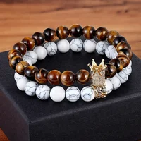 

2pcs/Set Distance Bracelet Tiger Eye & White Howlite Stone Beads His and Hers CZ King Crown Couple Bracelet Best Friendship Gift