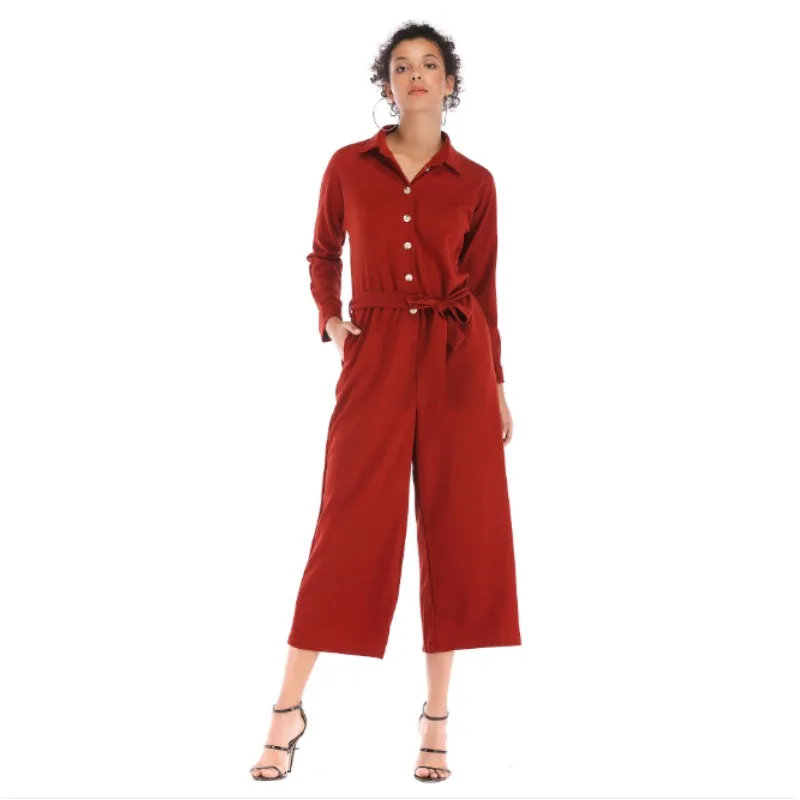 

Women Jumpsuits And Rompers Long Sleeve Wide Leg Pants Jumpsuit With Belt Sexy Club Party Overalls Y10554