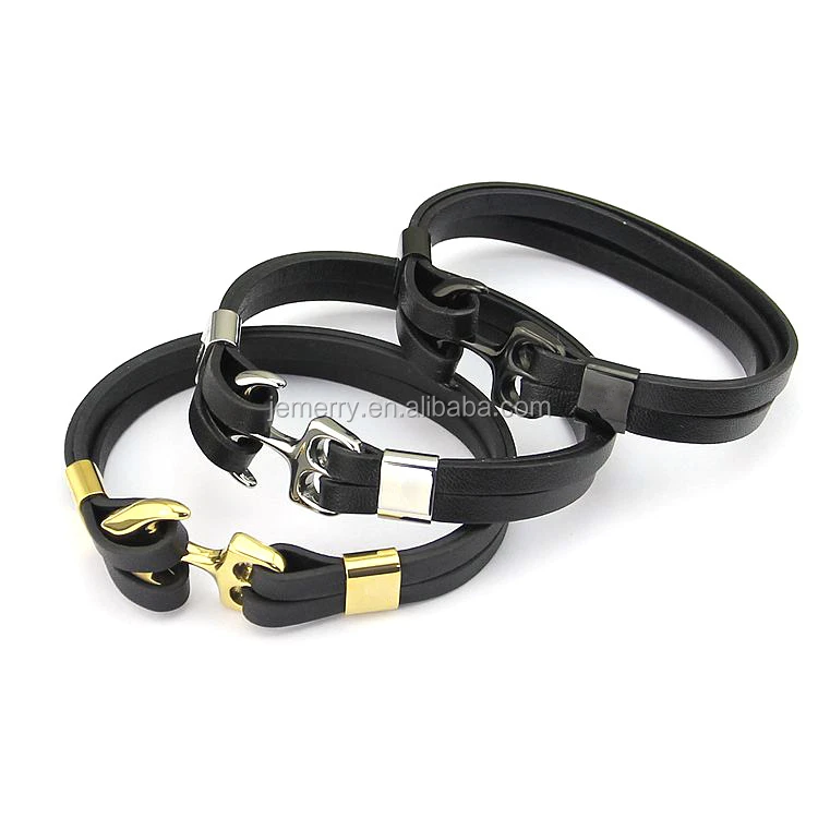 

JMY Wholesale Charm Leather Anchor Metal Woven Rope Buckle Jewelry Bracelet For Men, Black