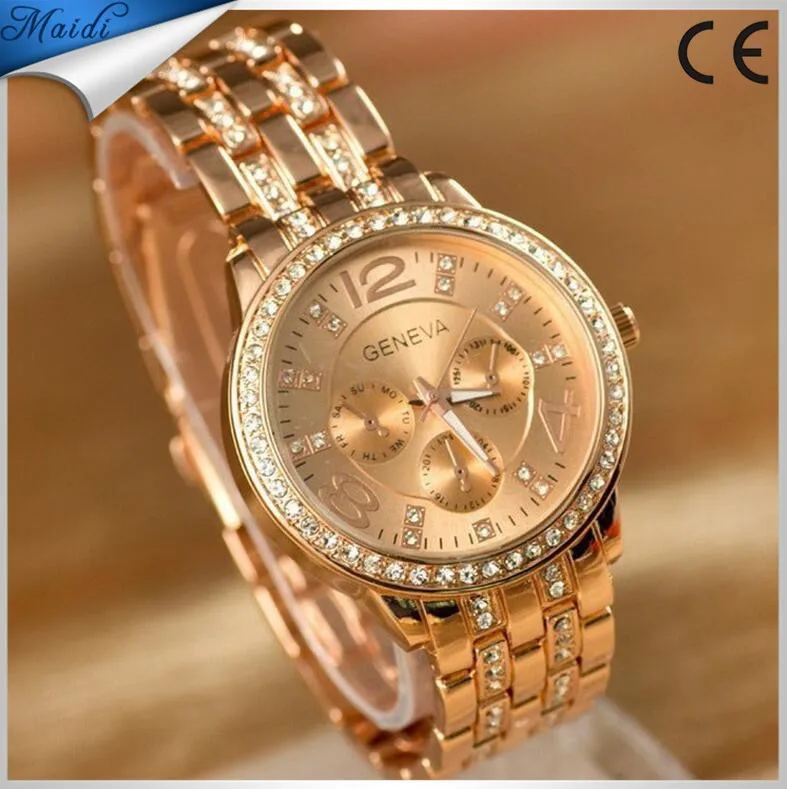 

Free Shipping 2017 New Famous Brand Women Gold Geneva Stainless Steel Quartz Watch For Men MW-4, 3 different colors as picture