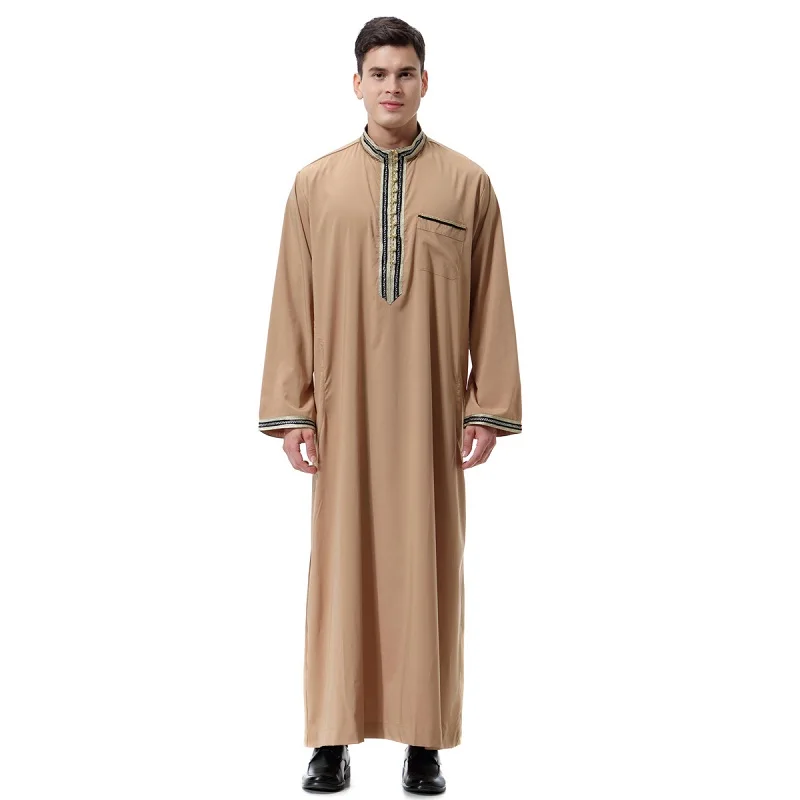 

High Quality Muslim Man Abaya Stand Collar Turkish Caftan Robes Islamic Clothing Dubai Thobe, 4 colors