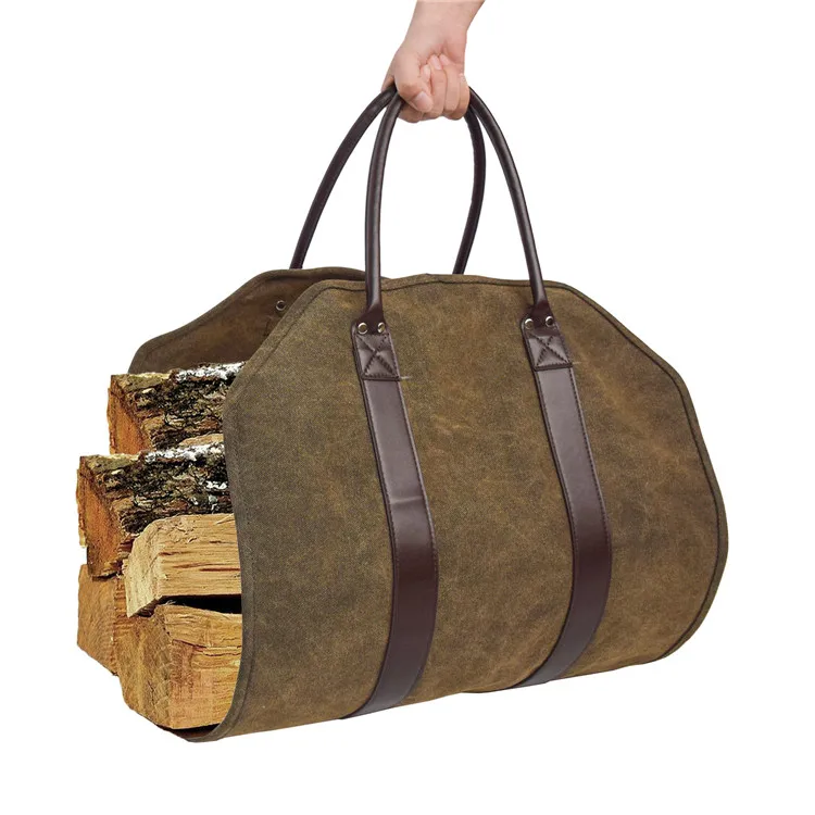 

Heavy Duty Canvas Firewood Log Carrier Bag with Strong Leather Handles for Carrying Wood, Brown