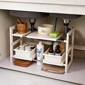 Image of Foldable 2 tier multifunctional cabinet organization expandable plastic kitchen sink drying rack under sink organizer