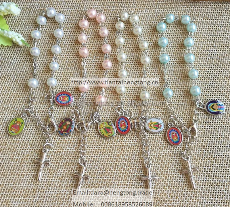 

6mm glass pearl rosary bracelet, catholic bracelet with baby virgin of Guadalupe charm pendant