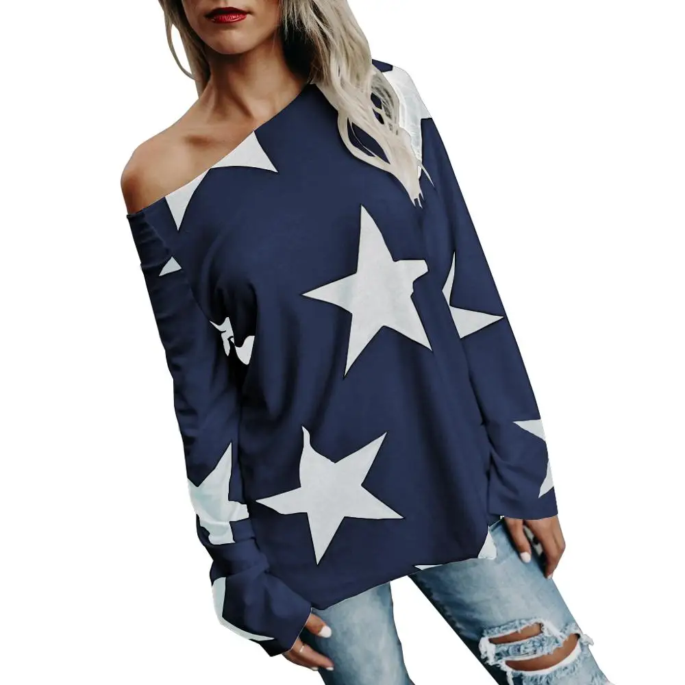 

FM-3284 Wholesale Long sleeve lady blouse stars printed women top pullover t-shirt S-XXXXL