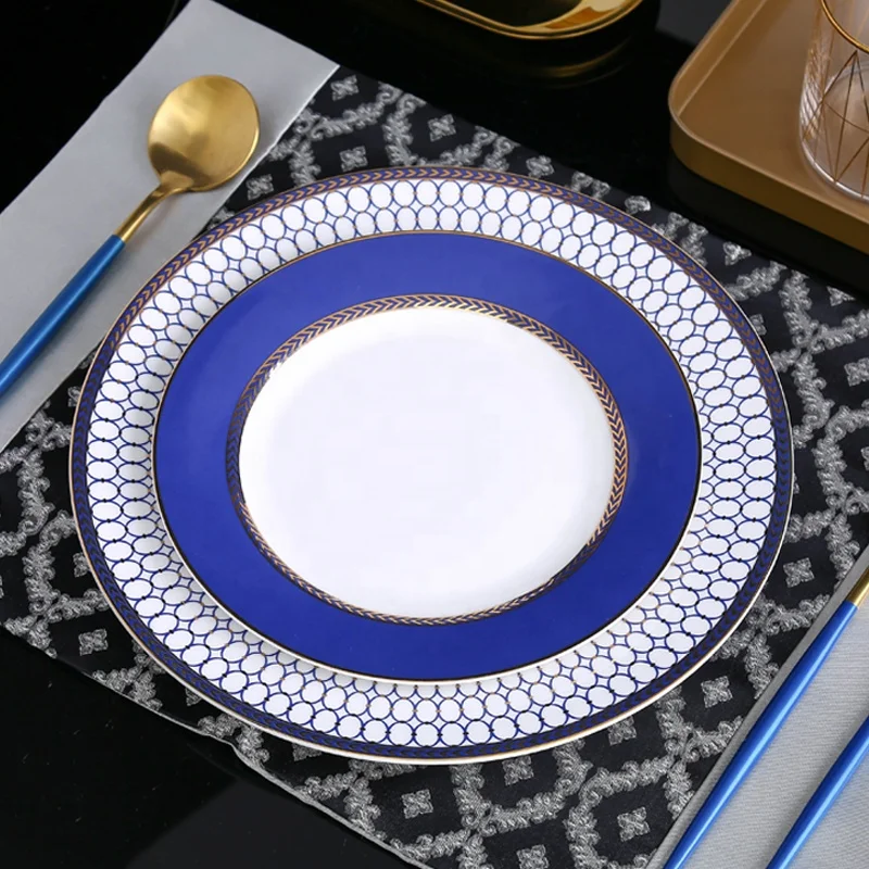

European bone china dinnerware set 8inch  blue ceramic plates and dishes for hotel