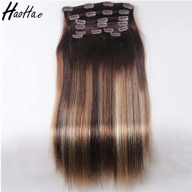 Brazilian Human Straight Clip In Hair Extensions Colored Ombre