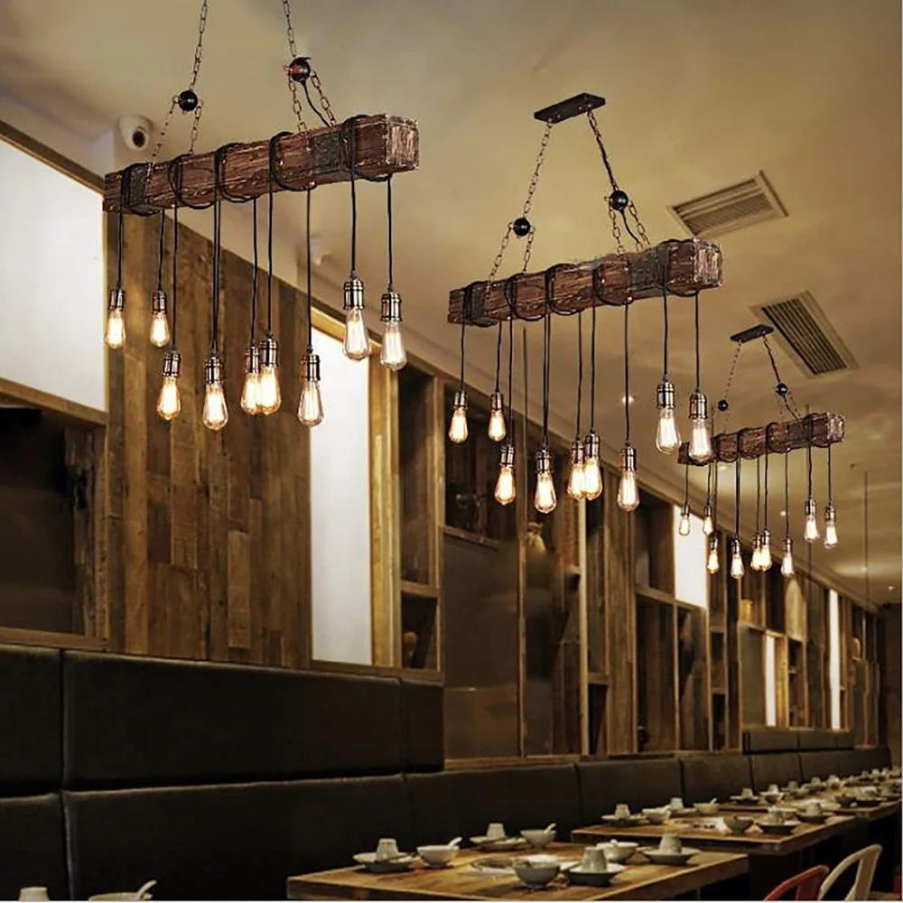 
Indoor retro Hanging Rustic Metal loft Vintage LED lamp Wooden beaded Chandelier Pendant lighting 