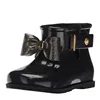 New arrival fashion cheap black glitter bow ankle boots children pvc transparent rain boots for children
