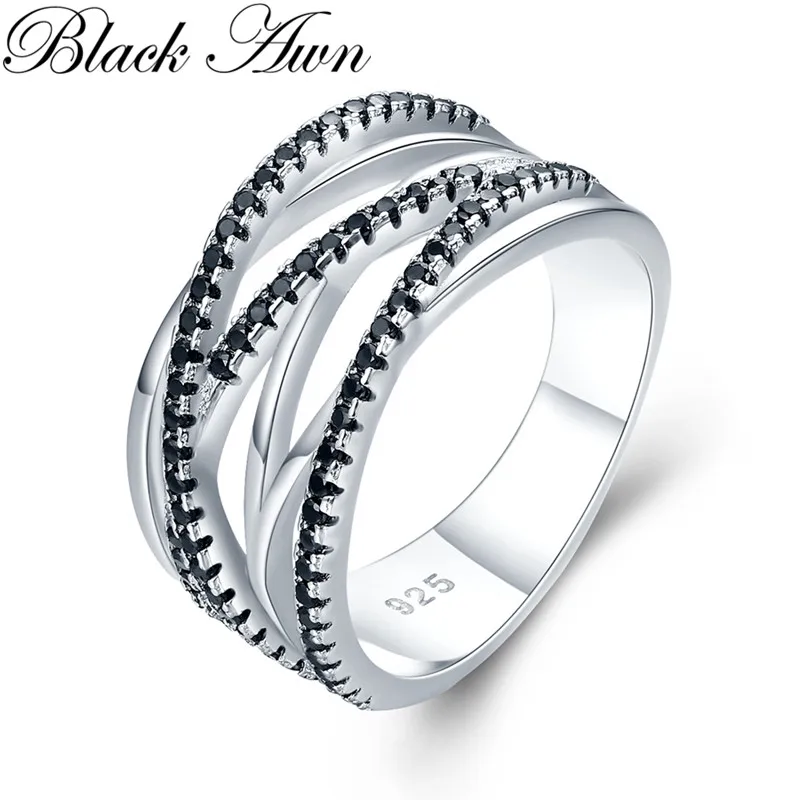 

[BLACK AWN] Hyperbole 5.1g 925 Sterling Silver Fine Jewelry Bague Row Black Spinel Leaf Wedding Ring for Women G041