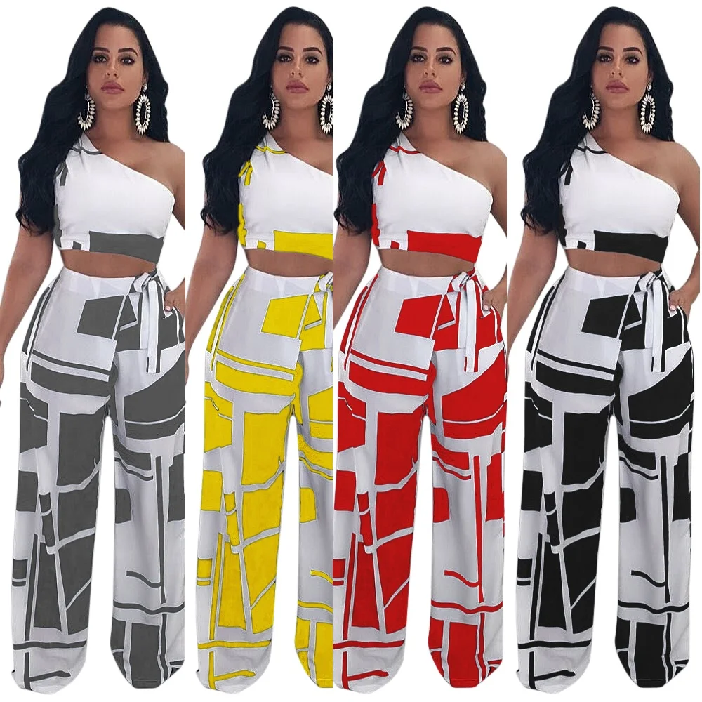 

Wholesale WA6002 printed one shoulder crop top and wide leg pants two pieces women clothing